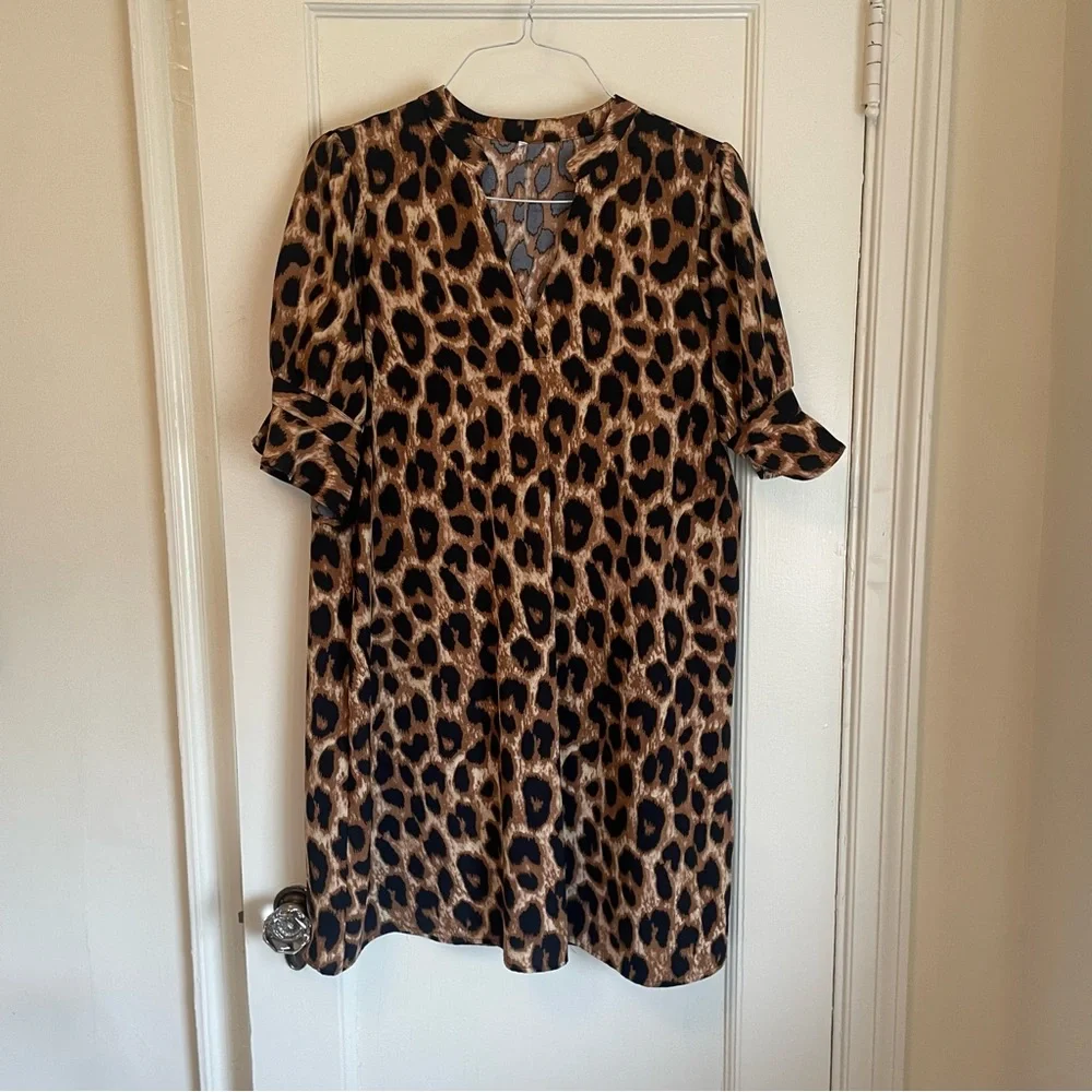 QACOHU Leopard Print Ruffle V-Neck Dress - size XL - Picture 7 of 7